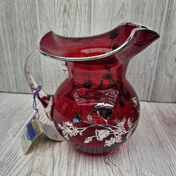 Silver City Glass Co Flanders Poppy Sterling On Red Crystal Pitcher & Vase - Picture 10 of 16
